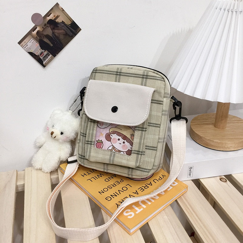 swvws  Japanese Lovely Small Bag Women Plaid Flap New Crossbody Bags Girls Nylon Shoulder Bag Bolsa Feminina Transparent Pocket Bags