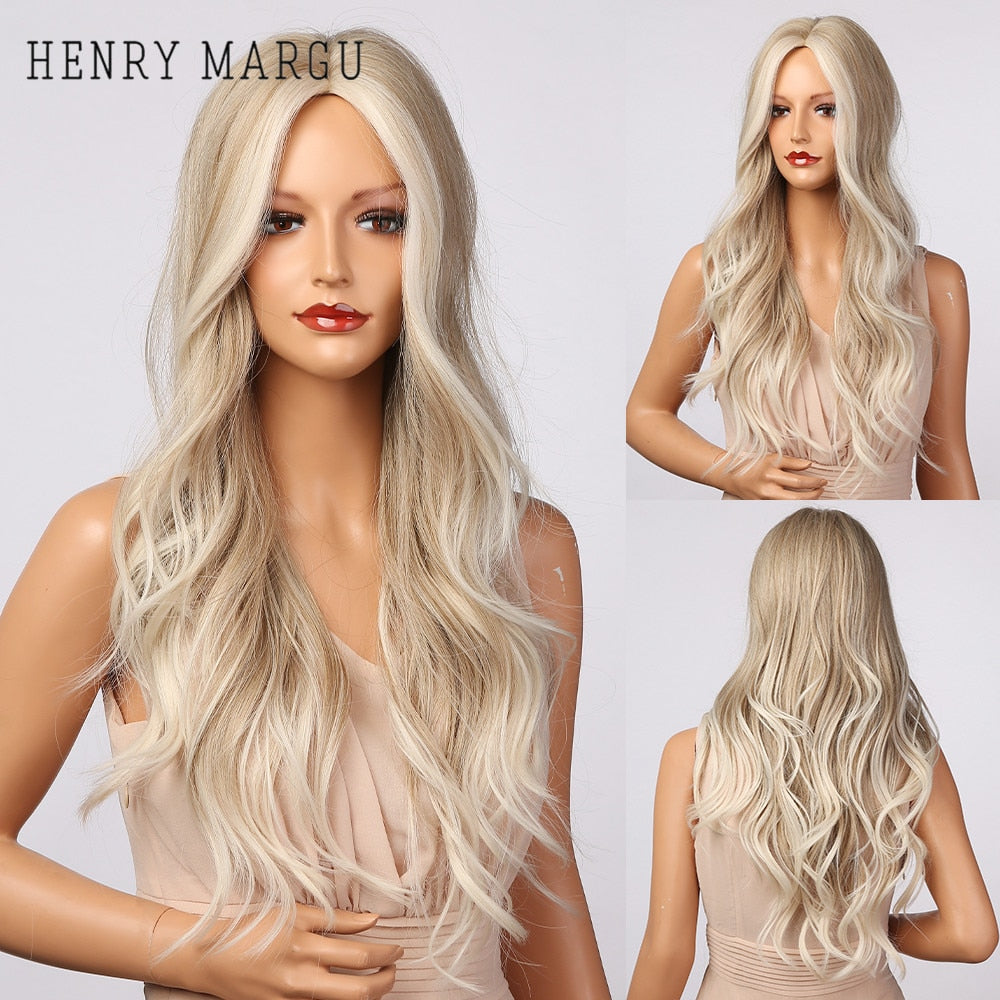 Long Ombre Brown Light Ash Platinum Blonde Wavy Wigs Cosplay Party Synthetic Wig for Women High Temperature Fibre