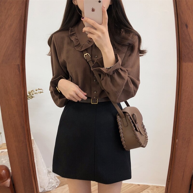 swvws Shirts Blouses Women Fashion Design Girl Preppy Style Flare Sleeve Tops Crew Neck Solid Shirt Autumn Spring Brown Button Coats