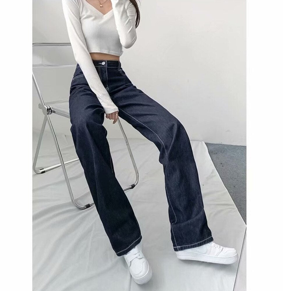 swvws Women Pant Woman Jeans High Waist Denim Pants Wide Leg Denim Clothing Blue Jeans Vintage Quality  Fashion Straight Pants