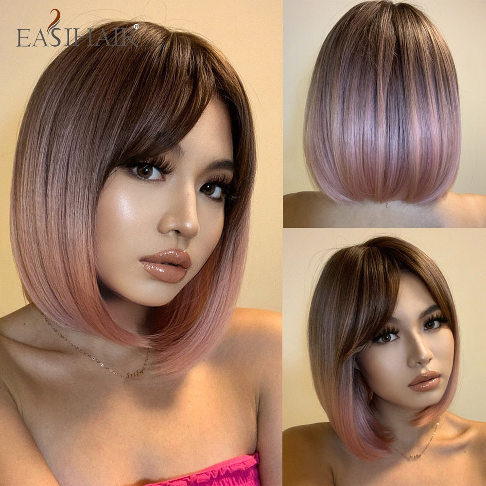 swvws  Short Straight Bob Wigs With Bang Golden Brown Natural Synthetic Hair For Women Daily Cosplay Heat Resistant Fiber Wigs