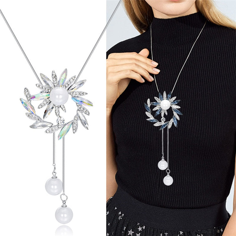 swvws Sunflower Crystal Pendant Necklace Women Fashion Blue White Rhinestone Long Chain Necklaces & Pendants Jewelry