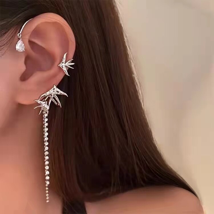 swvws Crystal Butterfly Tassel Ear Cuff Earrings for Women Gold Silver Color No Pierced Ear Clip Hook Fashion Party Jewelry