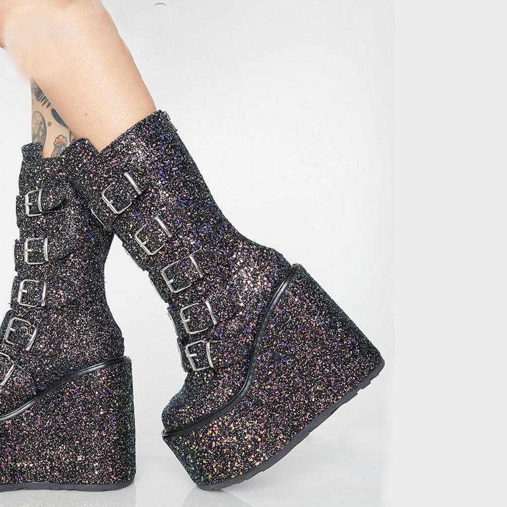 swvws Platform Wedges Combat Women Boots Sequins Sequin Glitter Zipper Punk Cool Motorcycle Ladies Shoes