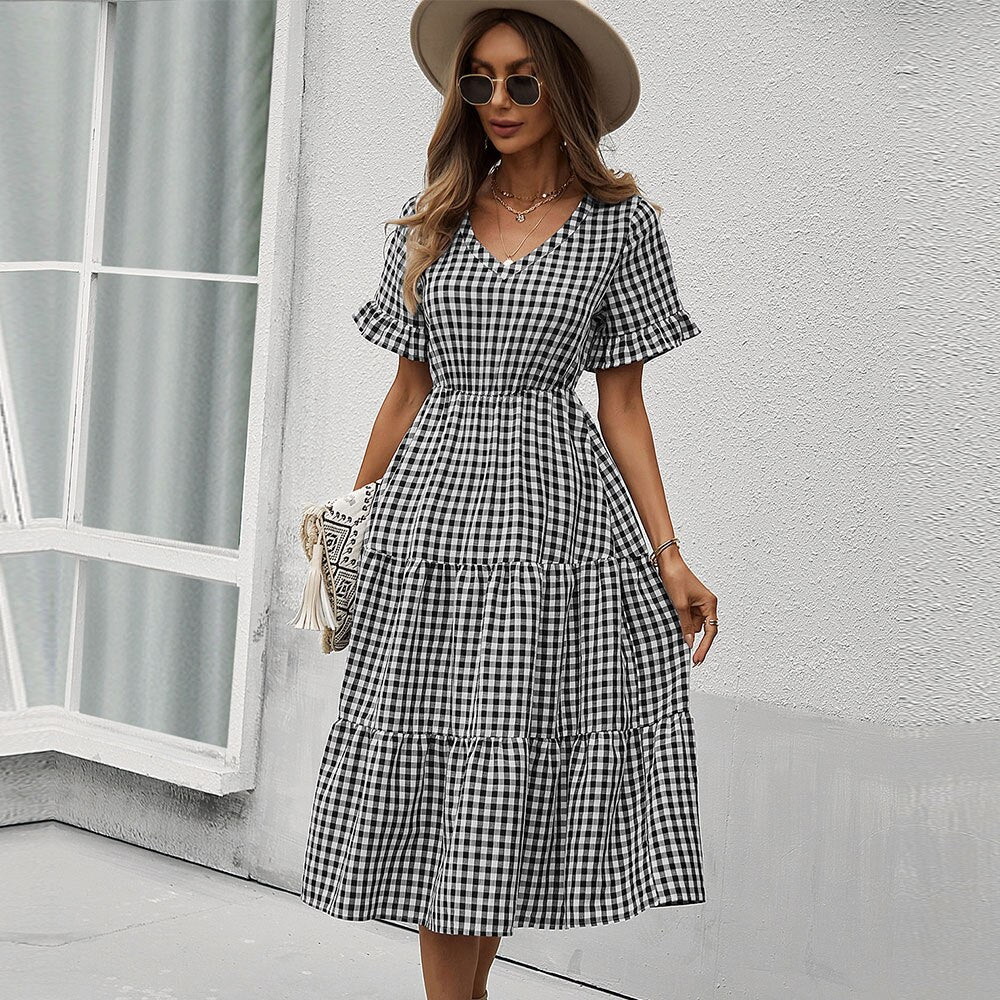 Spring Summer Plaid Casual Long Dress Women V Neck Slim High Waist Ladies New A Line Party Maxi Dress