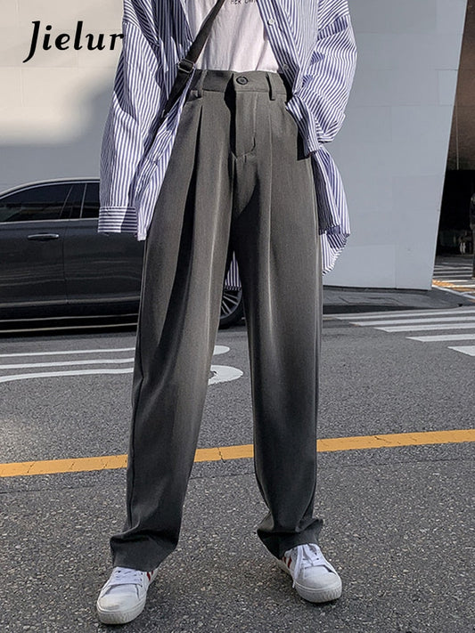 swvws Black Suit Pants Women Spring Office Lady Straight Trousers Solid Color High Waist Pockets Pants Gray Button Zipper Pants