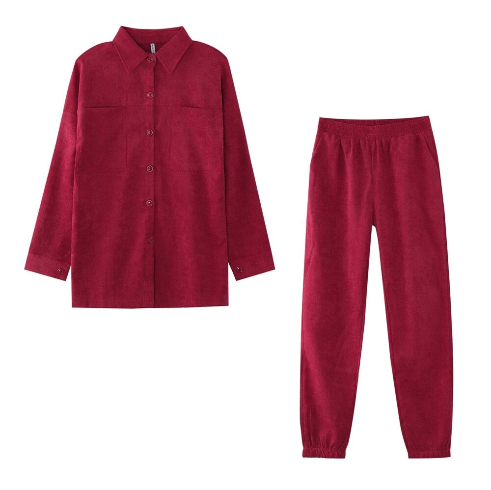 swvws Women's Tracksuit Corduroy  Pinstripe Single-Breasted Pocket Tops And Pants Women Suits