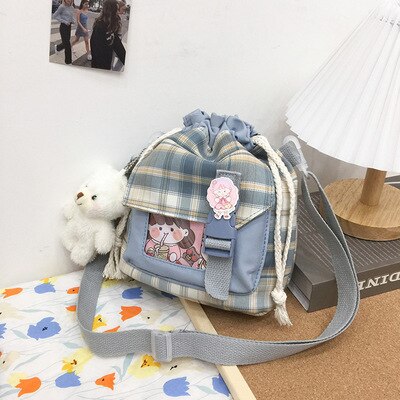 swvws New Summer Bucket Bag Women Plaid Nylon Bag Girls Small Crossbody Bags Handbag Mobile Phone Bag Drawstring Shoulder Bag Bolsos