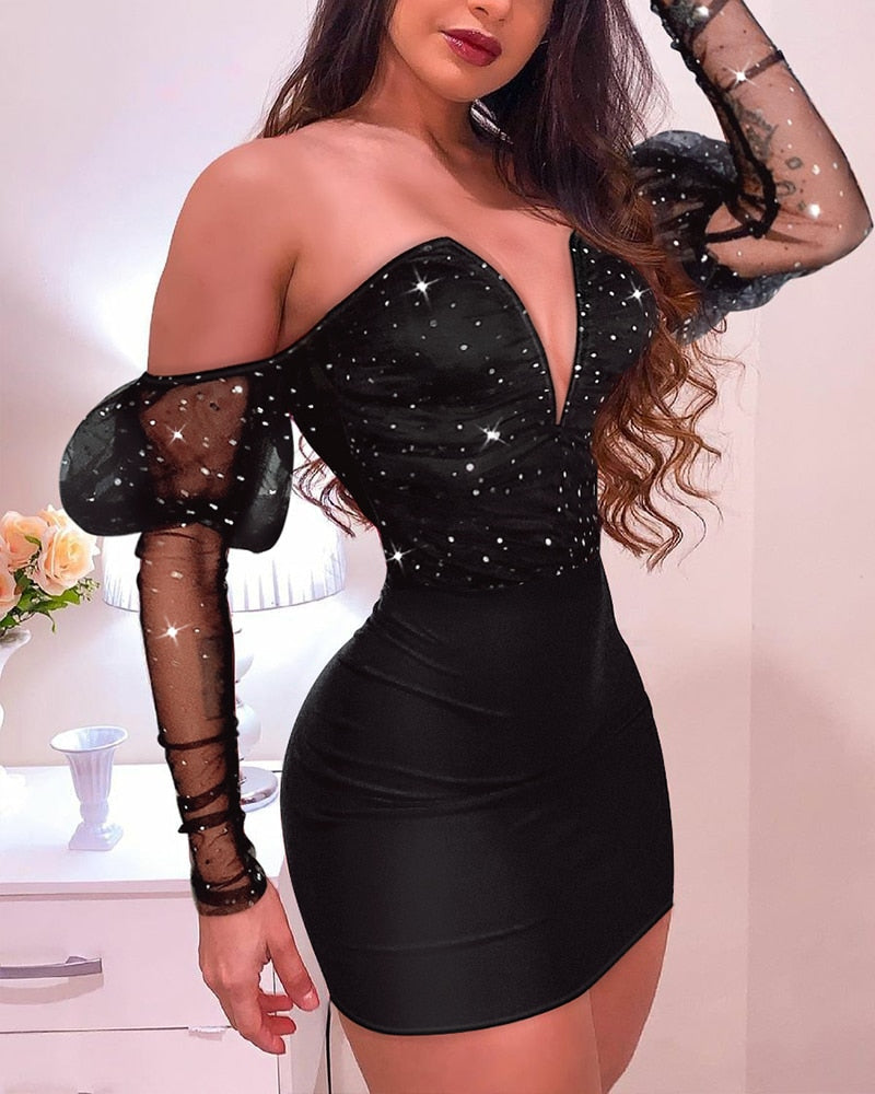 swvws Women Bodycon Dress Sexy Off Shoulder V Neck Night Club Mini Dress Glitter Mesh Splicing Party Dress