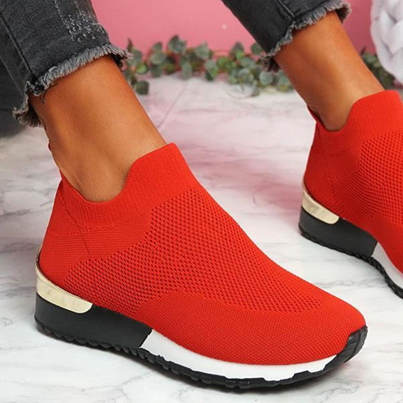 swvws New Spring Knitting Socks Shoes Women  Mesh Breathable Platform Sneakers Slip On Flat Casual Loafers Ladies Vulcanized Shoes