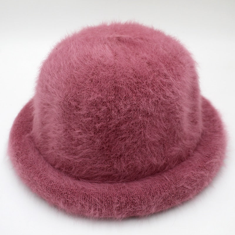 Wool Elegant Women Hat Dome Short Brim Hats Female British Retro Autumn Winter Basin Cap Faux velvet Hat RC2070