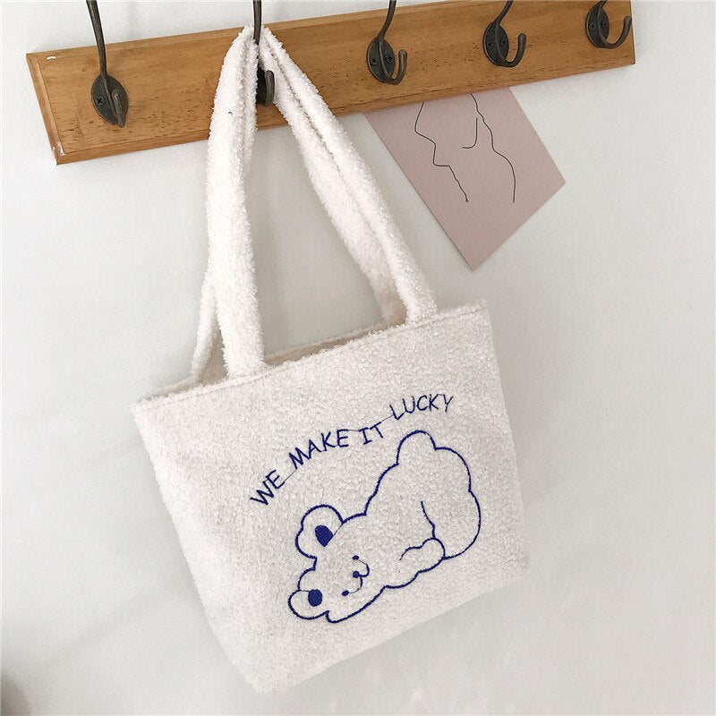 swvws  Women's Bag New Plush Tote Bag For Women  Cartoon Embroidery Handbag Women Shoulder Bag Shopper Bag Winter Bags Bolsa Mujer