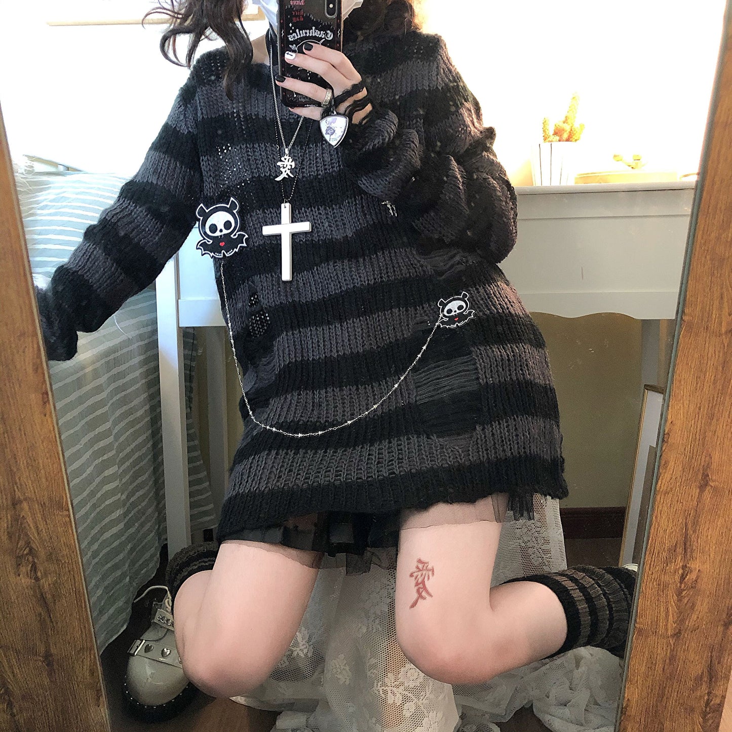 swvws Pink Striped Gothic Sweaters Women Ripped Holes Loose Knitted Pullover Frayed Fairy Grunge Jumpers Emo Streetwear Lolita