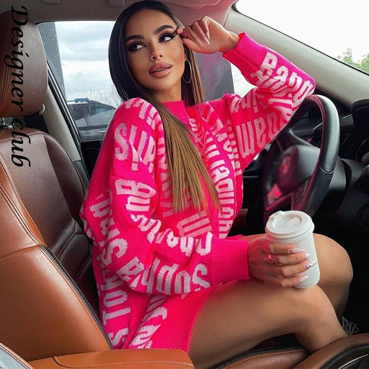 swvws Knitted Letter Print Sweater Dress Women Winter O Neck Long Sleeve Pullover Sweaters Female Oversized Sweater Dresses