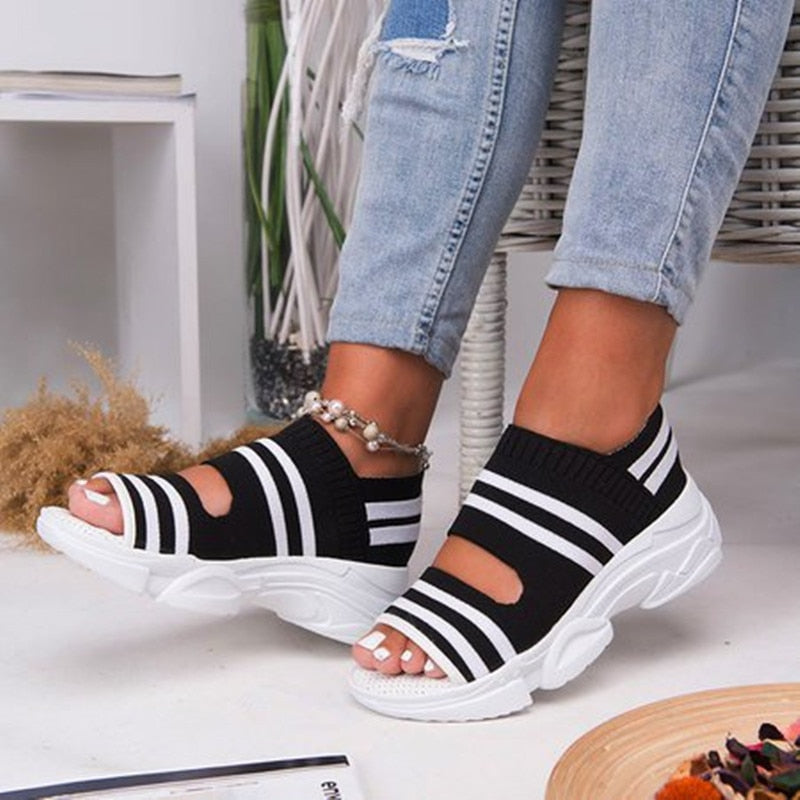 swvws New Women Sandals  High Heels Platform Women Shoes Summer Female Flats Knitting Slip On Peep Toe Casual Women Sandals