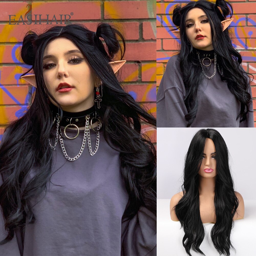 swvws  Long Black Wigs Cosplay Body Wave Synthetic Wigs With Bangs For White/Black Women Brazilian American Natural Hair