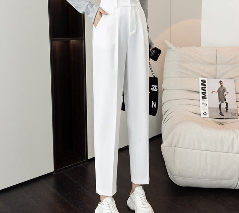 swvws Khaki Suit Women Pants Autumn Loose Straight Harem Trousers Female Pockets Zipper Elegant Korean Style White Pants S-XXL