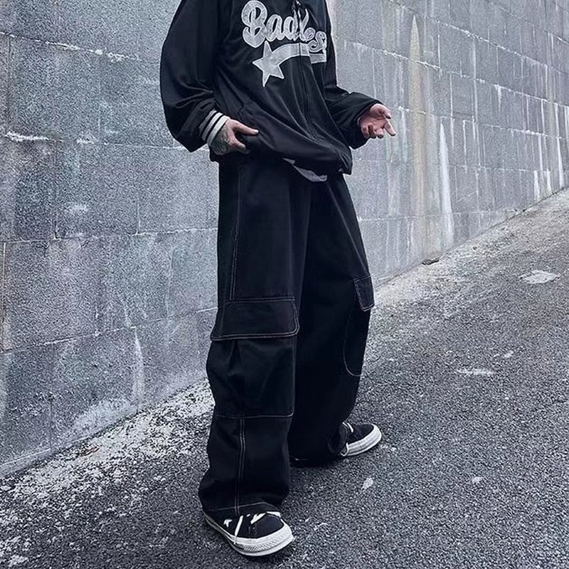 swvws Back To School  Black Cargo Pants For Men Baggy Wide Leg Trousers Male Autumn Men's Cargo Trousers Japanese Streetwear Hip Hop Harajuku