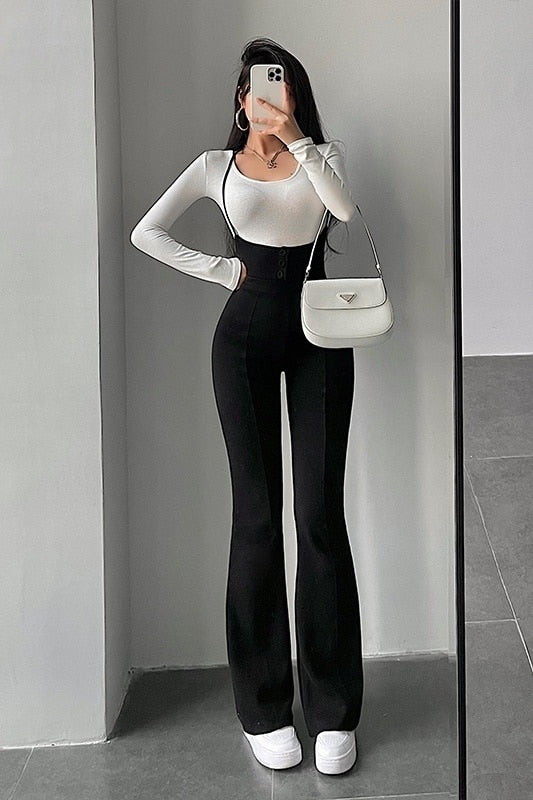 swvws Sexy Fashion Bandage Halter Neck High Waist Slim Skinny Overalls Casual Flare Pants Women's Fashion Trousers Korean Women G9J9