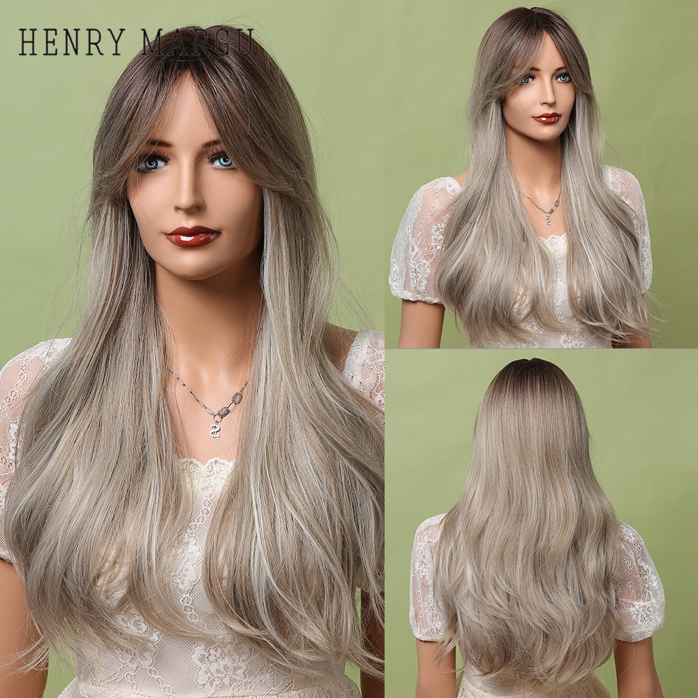 Long Ombre Brown Light Ash Platinum Blonde Wavy Wigs Cosplay Party Synthetic Wig for Women High Temperature Fibre