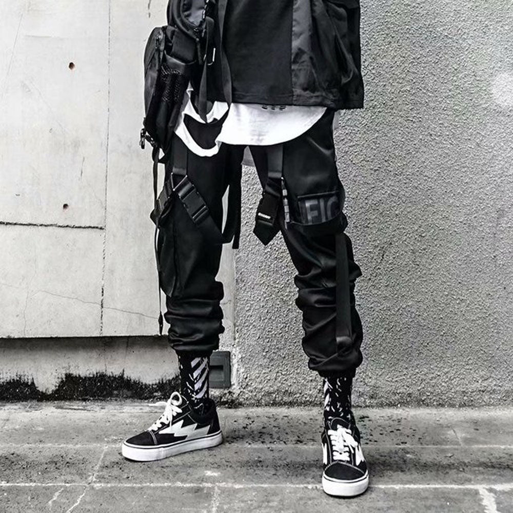 swvws Mens Vintage Hip Hop Style Baggy Jeans Joggers Cargo Pants For Men Casual Hip Hop Hit Color Pocket Male Trousers Sweatpants Streetwear Ribbons Techwear Pants