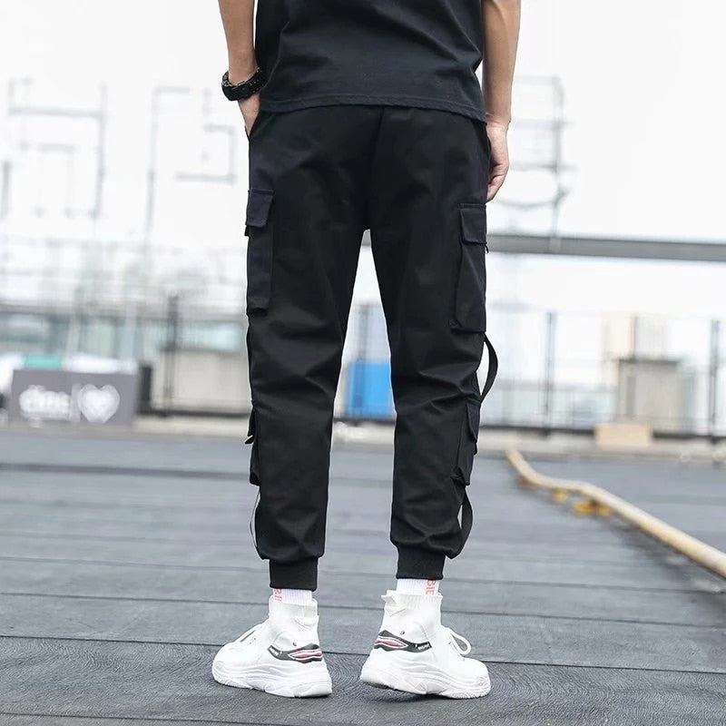 swvws Mens Vintage Hip Hop Style Baggy Jeans Men's Side Pockets Cargo Harem Pants Ribbons Black Hip Hop Casual Male Joggers Trousers Fashion Casual Streetwear Pants 5XL