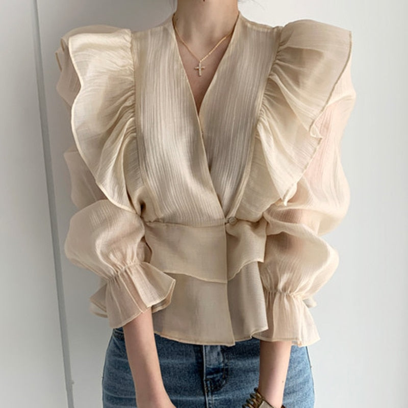 swvws Fashion Vintage Chiffon Blouse Women  New Puff Sleeve Ruffles V-Neck Shirt Women Silm Casual Womens Blouses Tops Mujer