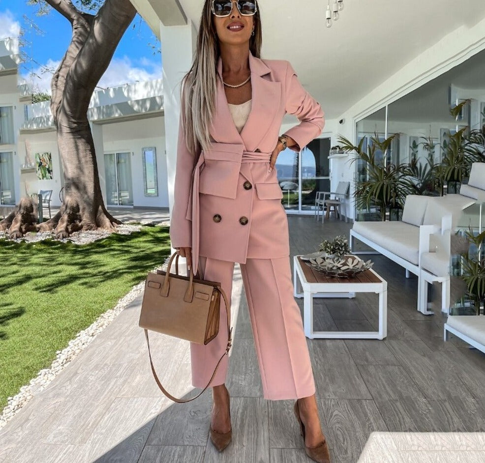 swvws Women Office Pant Suit Double Breasted Full Sleeve Blazers Jacket+Wide Leg Pant Two Pieces Set Lady Outfits Work Clothes