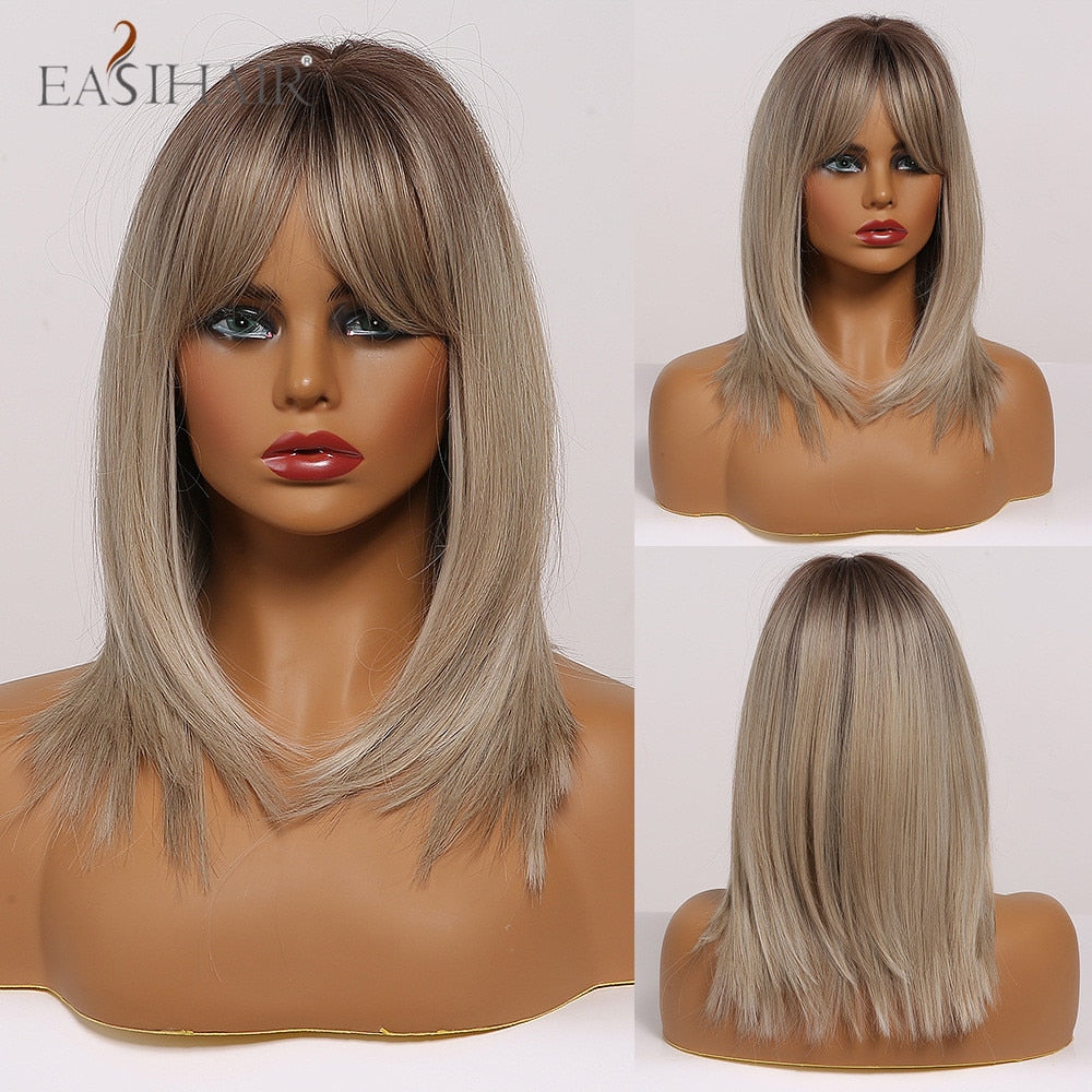 swvws  Short Straight Bob Wigs With Bang Golden Brown Natural Synthetic Hair For Women Daily Cosplay Heat Resistant Fiber Wigs