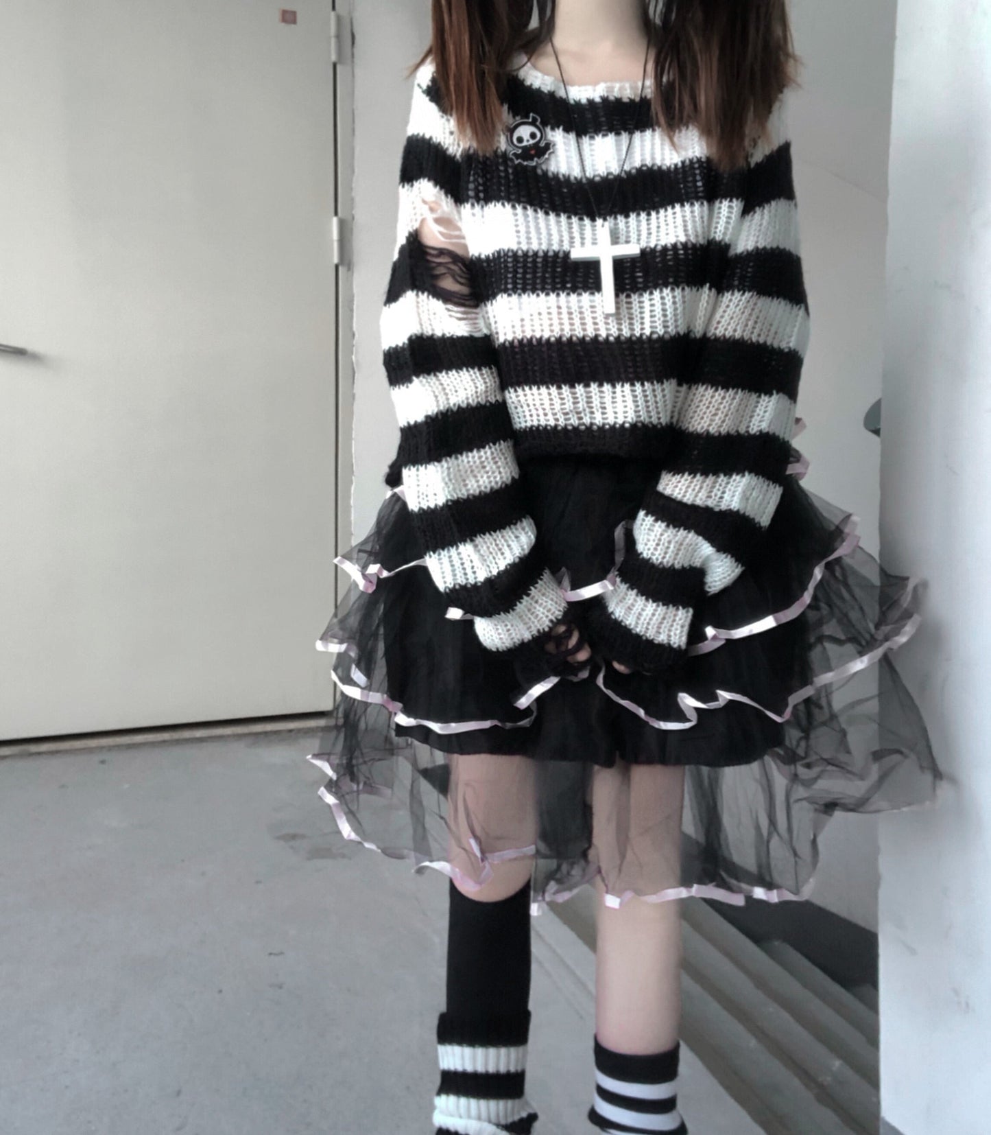 swvws Pink Striped Gothic Sweaters Women Ripped Holes Loose Knitted Pullover Frayed Fairy Grunge Jumpers Emo Streetwear Lolita