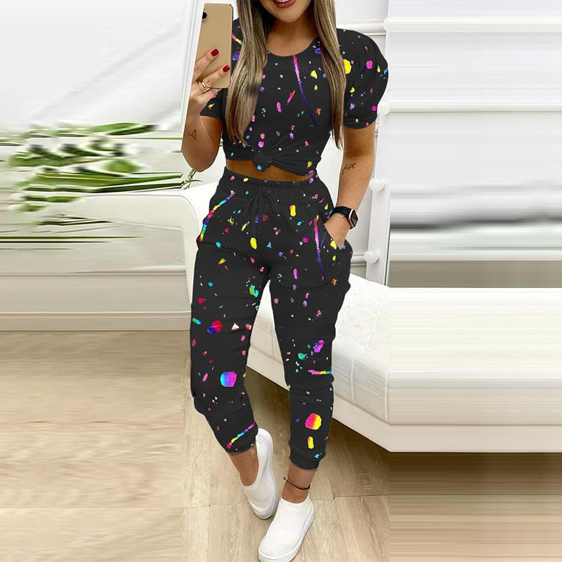 Back to School Women Fashion Casual Two-Piece Set Suits Set Female Spring Summer Clothes Short Sleeve Top &Striped Star Drawstring Pants Set