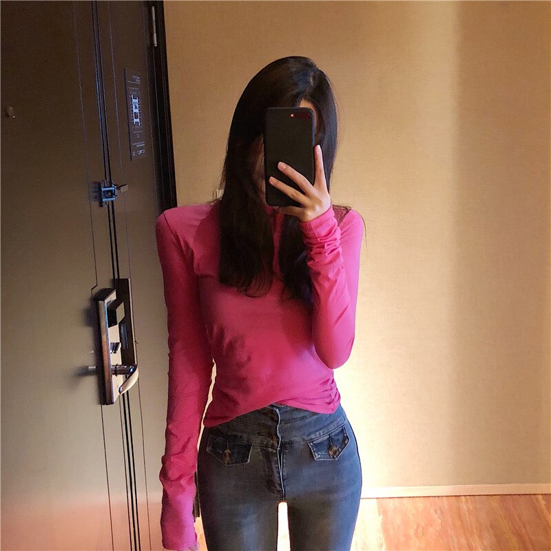 swvws Long Sleeve Tops For Women Solid Cotton Tee Shirt Femme Korean Fashion Clothing Casual Tshirts Slim T-Shirt Tees Spring Autumn