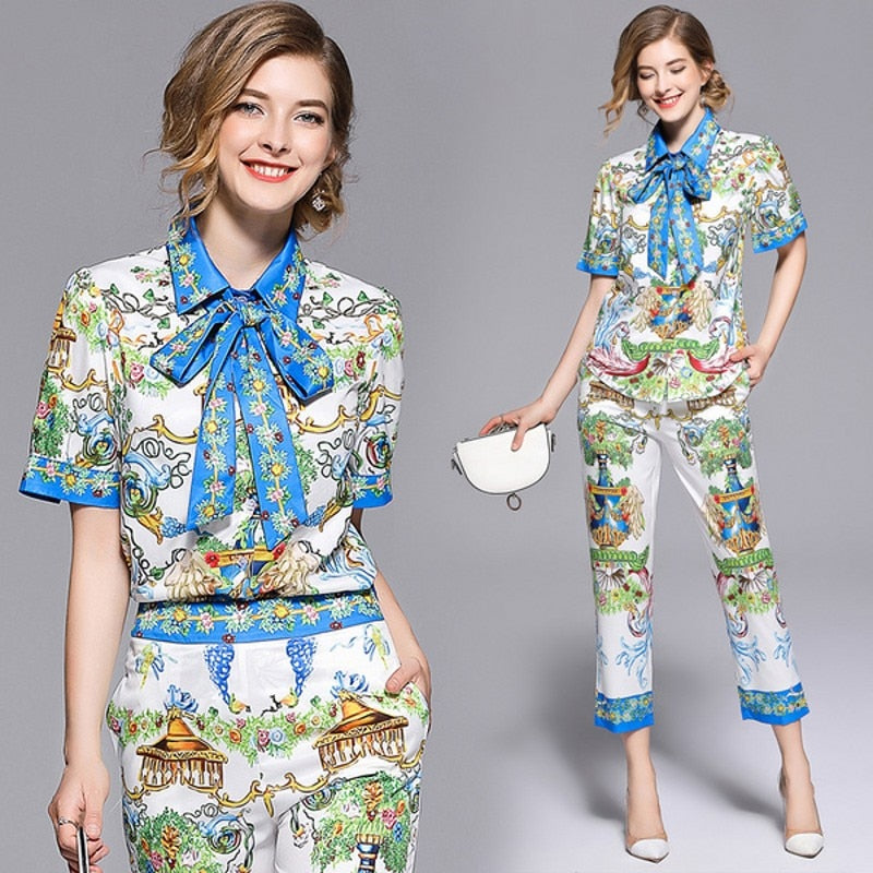 swvws High Quality Summer Designer Fashion Runway  Sets Women Short-Sleeve Bow Tie Shirts Tops + Casual Pattern Print Pants Set