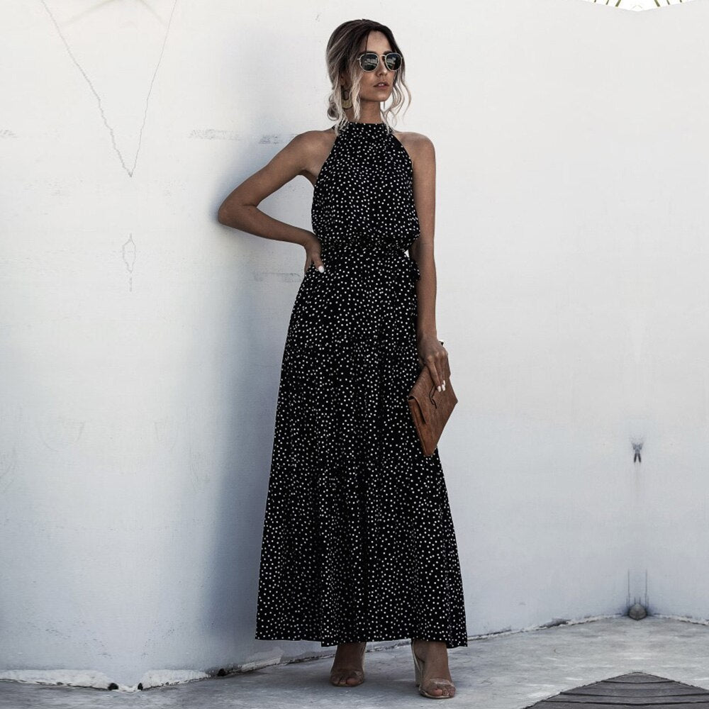 Summer Long Floral Halter Dress Women New Casual Slim Leopard Bandage Ladies Dot Print Beach Style Maxi Dresses