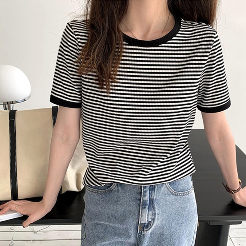 swvws Cotton T Shirt Women  Summer Striped Tshirts For Women Clothing Casual Basic Women's T-Shirt Loose T-Shirts Tee Tops Tshirt