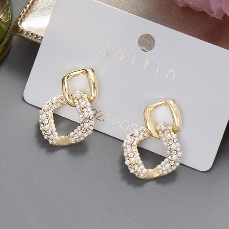 swvws New  Trend Big Pearls Women's Earrings Geometry Crystal Gold Color Dangle Drop Earing for Woman Korean Style Fashion Jewelry