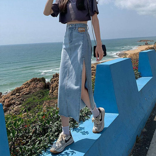 swvws Hem Single Slits Zipper A-Line High Waist Side Slit Denim Casual Long Skirt Female Summer  New Thin Girl Bag Hip Ins Tide