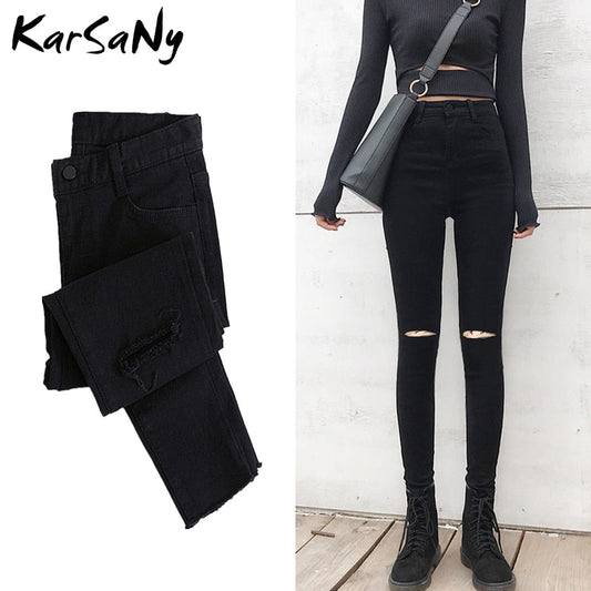 Back To School Skinny Ripped Jeans For Women  Stretch High Waist Black Jeans With Holes Destroyed Women Denim Pants With Holes Summer Jean