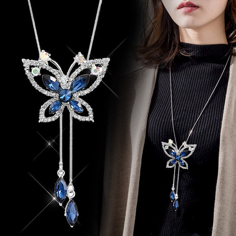 swvws Fashion Long Chain Sweater Necklaces & Pendants for Women Blue Opal Rhinestone Flower Pendant Necklace Female Jewelry