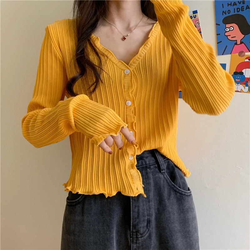 swvws Korean Short Sweater Women V-Neck Thin Cardigan Fashion Long Sleeve Button Slim Knitted Sweater Sun Protection Cropped Top Mujer