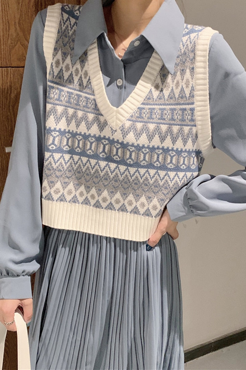 swvws Vintage Argyle Knitted Vest Women V-Neck Sleeveless Oversized Pullovers Female Waistcoat Tops Autumn Casual Loose Sweater Vest