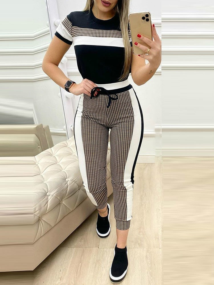 swvws Plaid Striped Short Sleeve Tape Top & Drawstring Pants Set Casual Basic Women Two Piece Set