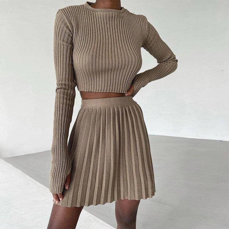 swvws Knit Women's Pleated Skirt Slim Pullovers Set  Autumn Buttons Long Sleeve Knitwear Mini Skirt Sets Ladies Party Tops Suits