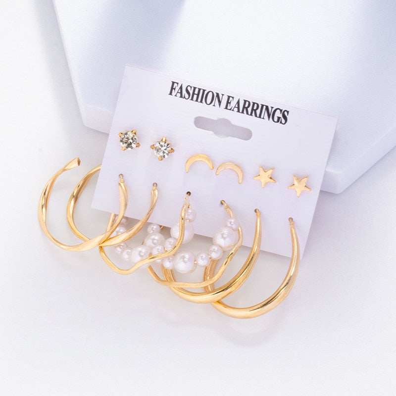 swvws 6Pairs Punk Metal Pearls Big Hoop Earrings for Women Bohomia Gold Color Chain Circle Geometric Drop Earring Fashion Jewelry