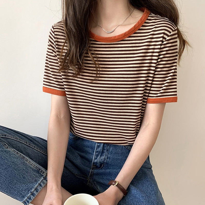 swvws Cotton T Shirt Women  Summer Striped Tshirts For Women Clothing Casual Basic Women's T-Shirt Loose T-Shirts Tee Tops Tshirt