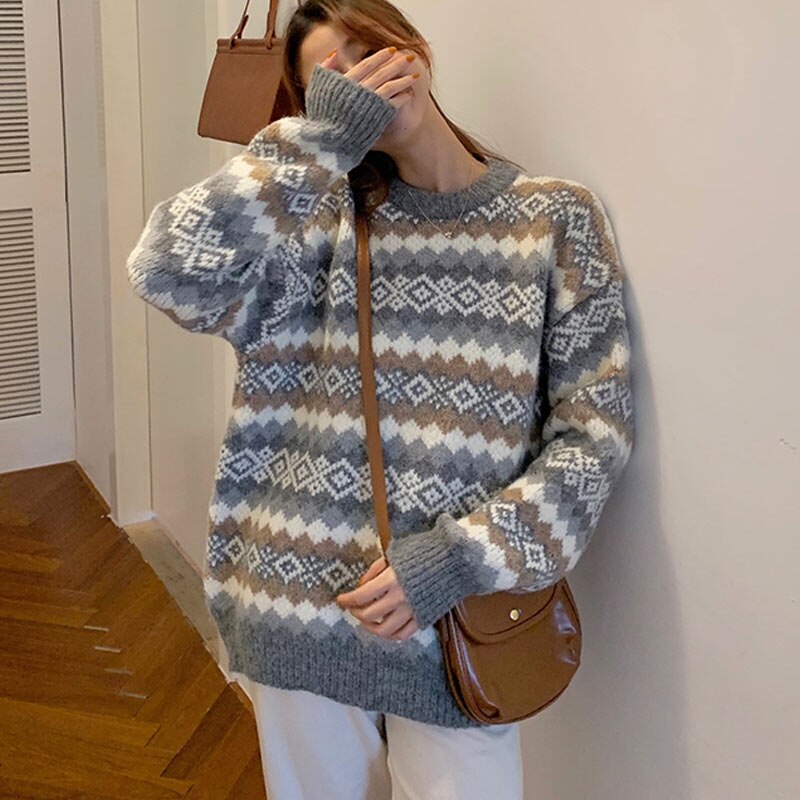 swvws Knitted Sweater Women Oversized Argyle Pullover Vintage Jumper Long Sleeve Knitwear Autumn Winter Warm Tops Style Chic Sweater