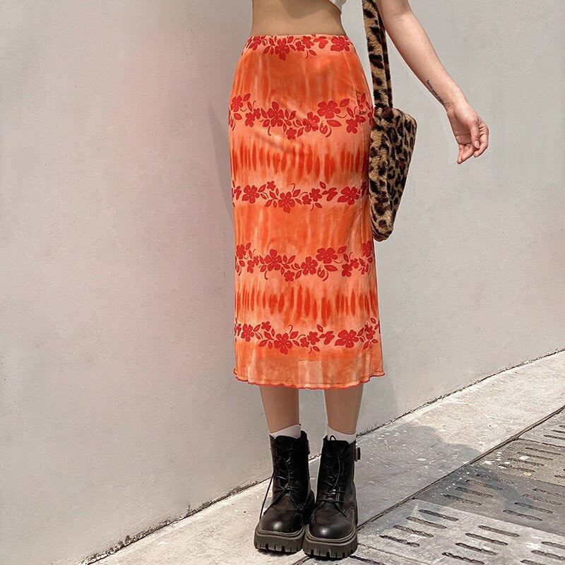 swvws   New Floral Printed Skirts Y2k Orange Fairy Grunge Long Skirts Women Vintage Cute Skirts  Summer Skirts Fashion Holiday Skirt