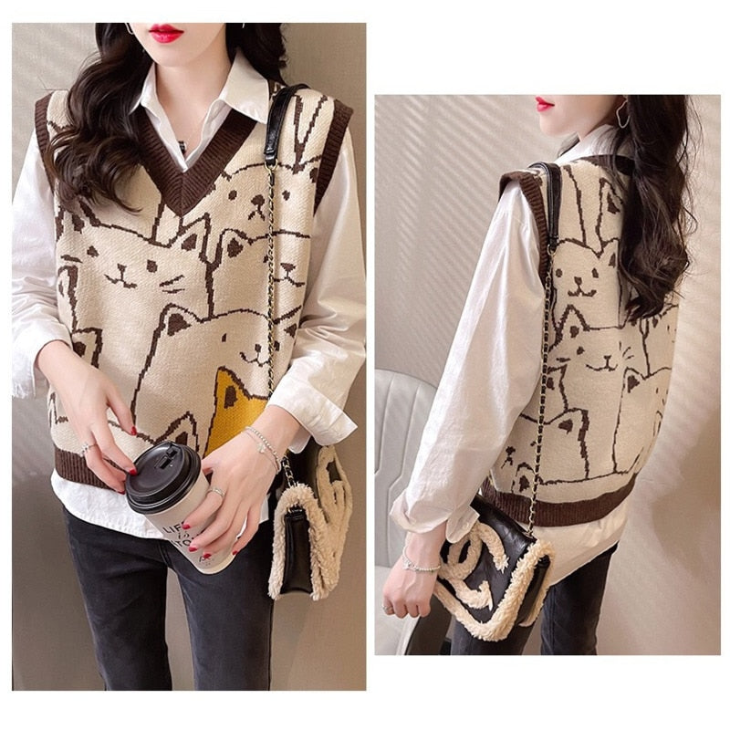 swvws Knitted Sweaters Women Fashion  Autumn Winter Casual Pullovers V-Neck College Style Cat Print Streetwear Knit Vest Sweater