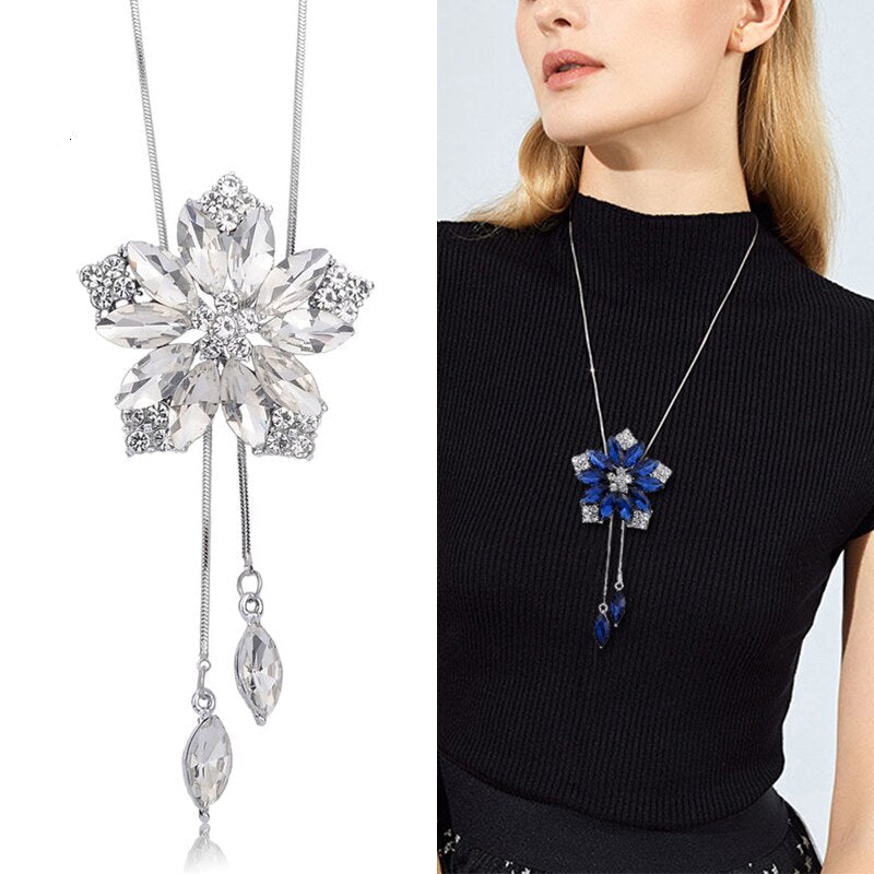 swvws Sunflower Crystal Pendant Necklace Women Fashion Blue White Rhinestone Long Chain Necklaces & Pendants Jewelry