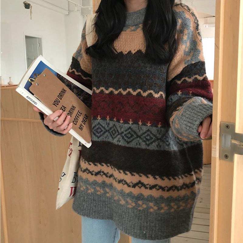 swvws Women Vintage Sweater Knitted Jumper College Loose Winter Striped Jumper Pullovers Korean Knitwear Autumn Casual Tops Femme